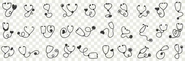 hjärta undersökning symboler klotter uppsättning. samling av hand dragen olika stetoskop med hjärtan på slutet för medicinsk undersökning i rader isolerat på transparent vektor