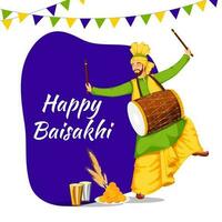 glücklich Baisakhi Feier Konzept mit Punjabi Mann spielen dhol im Bhangra tanzen, Weizen Ohr, indisch Süss und Glas von Lassi auf lila und Weiß Hintergrund. vektor