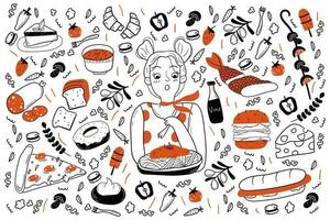 Essen Gekritzel Satz. Sammlung von Hand gezeichnet Skizzen Vorlagen von verschiedene anders nett von Mahlzeit. Fleisch Pizza Fisch und schnell Essen Burger Sandschalter oder gesund Gemüse und Früchte Illustration. vektor