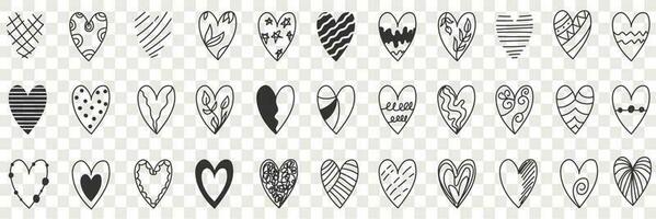 Stile von Herz Gekritzel Satz. Sammlung von Hand gezeichnet verschiedene Designs und Stile von Herz Formen und Muster im Reihen isoliert auf transparent vektor
