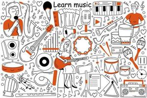 lära sig musik klotter uppsättning. samling av skisser mallar mönster av kvinna flicka tonåring musiker lär låt lektioner och spelar gitarr musikalisk instrument. kreativ ockupation och få kunskap. vektor