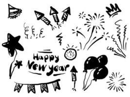 Gekritzel Elemente zum Konzept glücklich Neu Jahr Design auf Satz. isoliert auf Weiß Hintergrund. Infografik Elemente. Ballon, Stern, Feuerwerk, Rakete, Sternenexplosion, Grenze. Vektor Illustration.