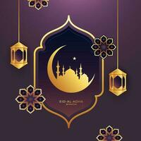eid-al-adha Mubarak Konzept mit Halbmond Mond, ein Stern, Moschee hängend Laternen und Mandala dekoriert auf lila Hintergrund. vektor