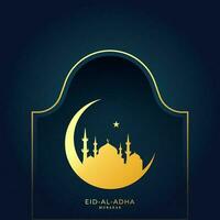 eid-al-adha mubarak text med halvmåne måne, en stjärna och moské på blå arabicum mönster bakgrund. vektor