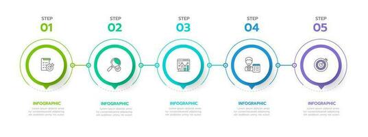 Infografik Vorlage zum Geschäft. 5 Schritte modern Zeitleiste Diagramm Roadmap mit Kreis Thema Diagramm, Präsentation Vektor Infografik.