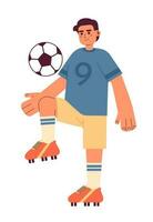 ung brasiliansk fotbollsspelare sparkar fotboll boll semi platt färgrik vektor karaktär. manlig fotboll spelare. redigerbar full kropp person på vit. enkel tecknad serie fläck illustration för webb grafisk design