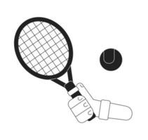 hand med racket slå tennis boll enfärgad platt vektor först se hand. tennis sporter Utrustning. redigerbar tunn linje närbild pOV på vit. enkel bw tecknad serie fläck bild för webb grafisk design