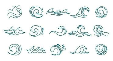 blå hav hav vågor uppsättning. linje ikoner, logotyper, vektor