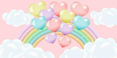 3d Baby Dusche, Regenbogen mit Wolken und Luftballons auf das sternenklar Himmel, Kinder- Design im Pastell- Farben. Hintergrund, Illustration, Vektor. vektor