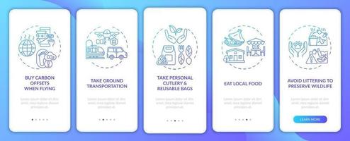 Tipps für nachhaltige Touren Onboarding des Bildschirms der mobilen App-Seite mit Konzepten vektor