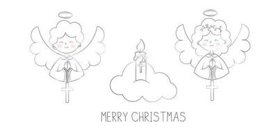 süß Weihnachten Engel Junge und Mädchen beten auf Wolke fröhlich Weihnachten Gruß Vektor Illustration im Gekritzel Stil