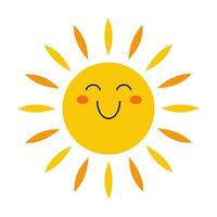 Vektor Sonne im eben Design. glücklich lächelnd Sonne. kindisch süß Sonnenschein Emoji. kawaii Gelb Sonne mit Sonnenstrahlen. Baby Sonnenschein mit erröten.