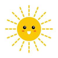 Vektor lächelnd Sonne im eben Design. positiv Illustration von glücklich Sonne mit Gesicht. kindisch süß Sonnenschein Emoji. kawaii Sonne mit gepunktet Linie Sonnenstrahlen. Baby Sonnenschein mit erröten.