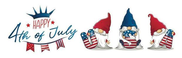 lång baner för juli 4:e oberoende dag med söt patriotisk leprechauns innehav huvudstad brev USA vektor
