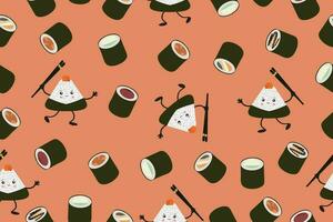 nahtlos Muster von Sushi und Onigiri, Illustration von süß und kawaii Sushi Figuren. Vektor Hintergrund. Vektor Illustration