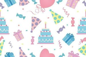 en uppsättning för en tecknad serie födelsedag fest. ljuv kaka, färgrik ballonger och födelsedag gåvor.a uppsättning för födelsedag och celebration.vector illustration. vektor