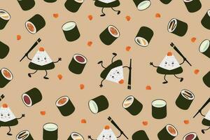 nahtlos Muster von Sushi und Onigiri, Illustration von süß und kawaii Sushi Figuren. Vektor Hintergrund. Vektor Illustration