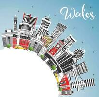 Wales Stadt Horizont mit grau Gebäude, Blau Himmel und Kopieren Raum. Konzept mit historisch die Architektur. Wales Stadtbild mit Sehenswürdigkeiten. vektor