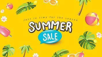 sommar försäljning affisch baner med sommar tropisk strand vibrafon gul bakgrund vektor