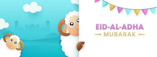 eid-al-adha mubarak text med två tecknad serie rolig får och flaggväv flaggor på vit papper och himmel blå silhuett moské bakgrund. vektor