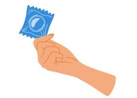 Hand mit ein Kondom. sicher Sex, Schutz von Schwangerschaft und hiv Infektion. eben Karikatur Vektor Illustration