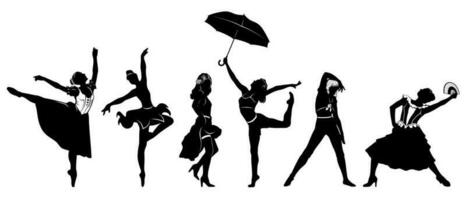 Tanzen Frauen Silhouetten einstellen isoliert auf Weiß. Aerobic, Ballett, Latein tanzen, Regen tanzen. Vektor Cliparts.