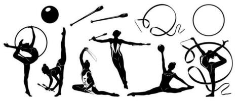 rhythmisch Gymnastik Silhouetten einstellen isoliert auf Weiß. Frauen zahlen und Gymnastik Ausrüstung. Vektor Cliparts.