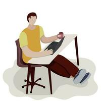 Mann Arbeit beim ein Schreibtisch mit ein Computer. Zuhause Büro. Entfernung Lernen beim heim. Arbeit mit Deckel von Kaffee und Laptop. Freiberufler. Bildung. Programmierer vektor
