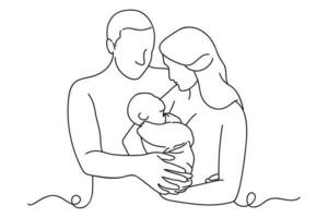 kontinuerlig ett linje teckning av mor och far innehav deras nyfödd bebis. vektor illustration