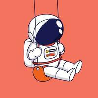 söt tecknad serie astronaut på en rep gunga. söt tecknad serie karaktär. vektor illustration