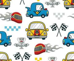 nahtlos Muster Vektor von komisch Karikatur Rennen Auto mit Auto Rennen Elemente