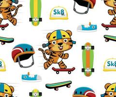 nahtlos Muster Vektor von komisch Karikatur Tiger spielen Skateboard, Skateboard Elemente Illustration