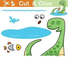 Vektor Illustration von Brontosaurus Karikatur mit Fisch im Wasser. ausgeschnitten und kleben