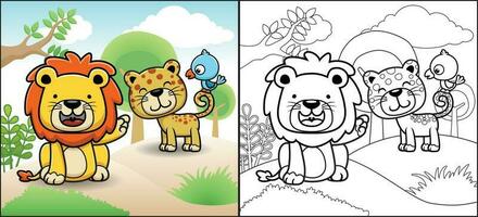 Färbung Buch oder Seite von komisch Tiere Karikatur. ein wenig Vogel Barsch auf Leoparden Schwanz, Löwe Sitzung auf Boden vektor