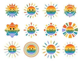 Vektor einstellen von lgbt komisch Sonnen mit Gesichter. süß Sommer- Stolz Monat Sonnenschein Emoji. lgbt Sammlung von Regenbogen kindisch sonnig Emoticons. lächelnd Baby Sonne mit Sonnenstrahlen. lgbtq Design.