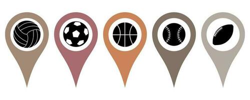 ein einstellen von kartografisch Zeichen mit das Bild von Sport Bälle. anfügen Symbole auf ein eben Karte zu Kennzeichen das Ort von ein Sport Verein, Stadion, oder Wettbewerb. Vektor