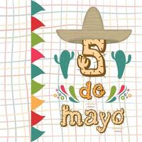 cinco de mayo poster allegorischer beschriftungskaktus und traditioneller mexikanischer hut vektor