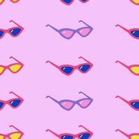 nahtlos lebendig Muster mit Blau, Gelb, lila Sonnenbrille auf Rosa Hintergrund. Hand gezeichnet Minimalismus Vektor Illustration zum Sommer- stilvoll Abdeckung, Fälle, tropisch Hintergrund, Drucke, Verpackung, Textil-
