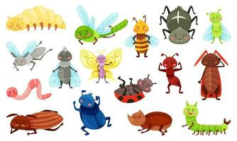 süß Karikatur Insekten, Marienkäfer, Schmetterling, Biene, Käfer, Spinne. glücklich Garten Insekt, Wurm, Raupe, lächelnd Fehler zum Kinder Vektor einstellen