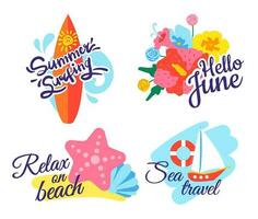 Sommer- Beschriftung. Urlaub Konzept, Surfen Tafel mit Wasser Wellen, Hallo Juni mit schön Blumen vektor