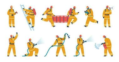 brandman tecken i enhetlig, brandmän med brandsläckning Utrustning. brandmän sparande barn, sätta ut brand använder sig av slang vektor uppsättning
