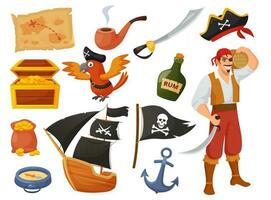 Karikatur Pirat Charakter mit Papagei und Schiff, Schatz Karte. Meer Abenteuer, Boot, Anker, Truhe mit Gold, Piraten Elemente Vektor einstellen