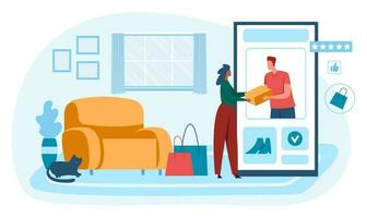 Einkaufen online, Kaufen Zahlen und erhalten Paket beim Zuhause vektor