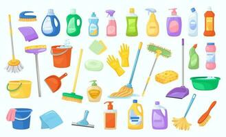 uppsättning av rengöring verktyg tvättmedel, kvast och mopp vektor