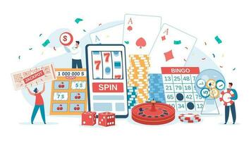 online Kasino Glücksspiel, Glücklich Menschen gewinnen Jackpot. Zeichen spielen Slot Maschine, Bingo, Roulette, Lotterie Gewinner Vektor Illustration