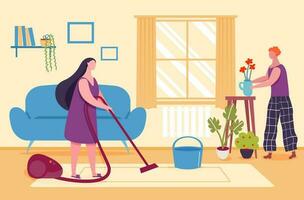 Zuhause Aktivitäten. Frau Staubsaugen Teppich, tun Haushalt Hausarbeiten. Charakter nehmen Pflege von Pflanzen und Blumen vektor