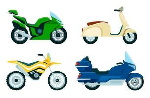tecknad serie motorcyklar. gata fordon för transport och leverans. skoter, sport och väg Cyklar, retro chopper vektor