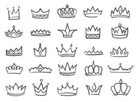 hand dragen kronor logotyp, kung eller drottning krona doodles. prinsessa tiara, skiss diadem med dyrbar Ädelsten, kunglig symbol klotter vektor uppsättning