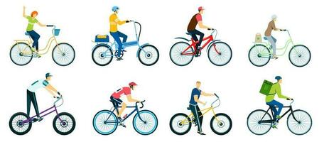 människor cykling, tecken ridning cyklar, cyklister på Cyklar. män och kvinnor cykling i parkera, cykel ryttare, leverans man på cykel vektor uppsättning
