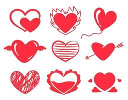 söt röd klotter hjärtan. valentine dag symbol av kärlek. romantisk Semester hjärtan med brand, vingar, pil och ballong vektor